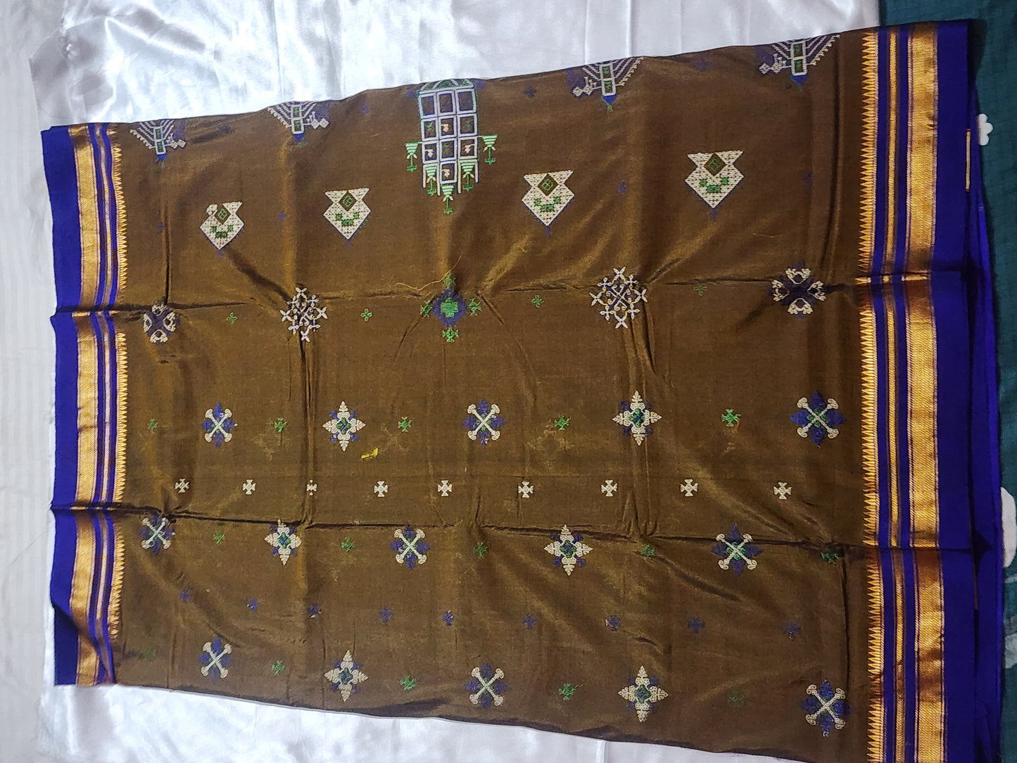 Brown Blue Ilkal Silk Saree with Kasuti Motifs