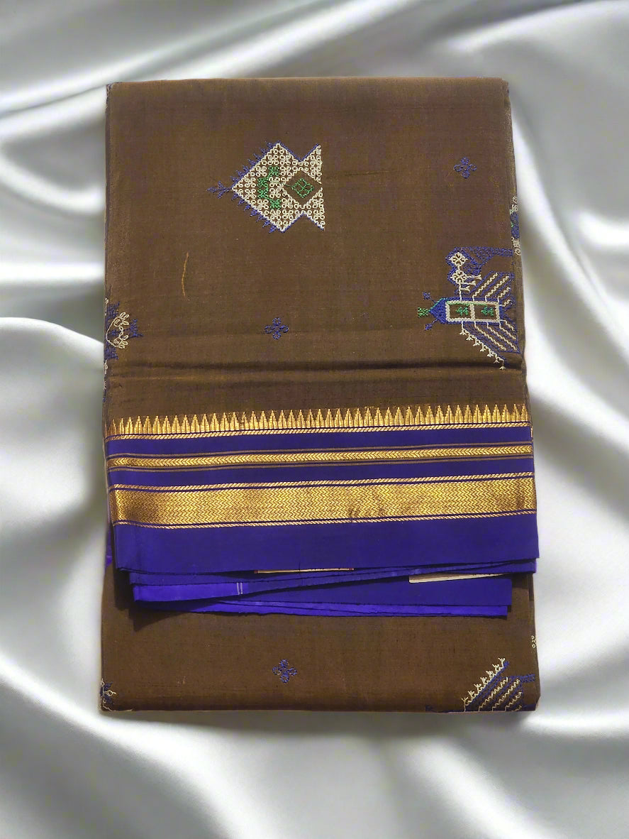 Brown Blue Ilkal Silk Saree with Kasuti Motifs
