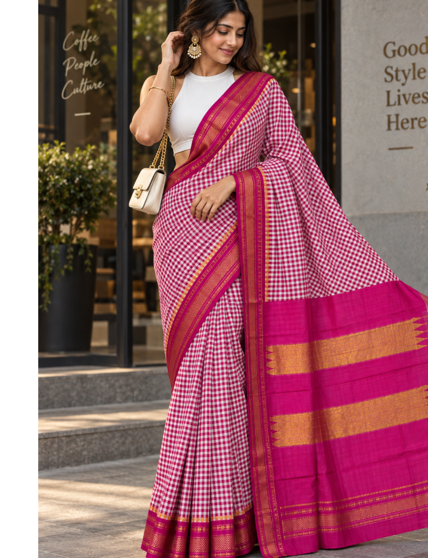 Pink & White Ilkal mini Checks Saree with Rich Pallu
