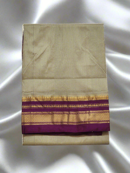 Cream Checked Ilkal Saree with Pink Zari Border