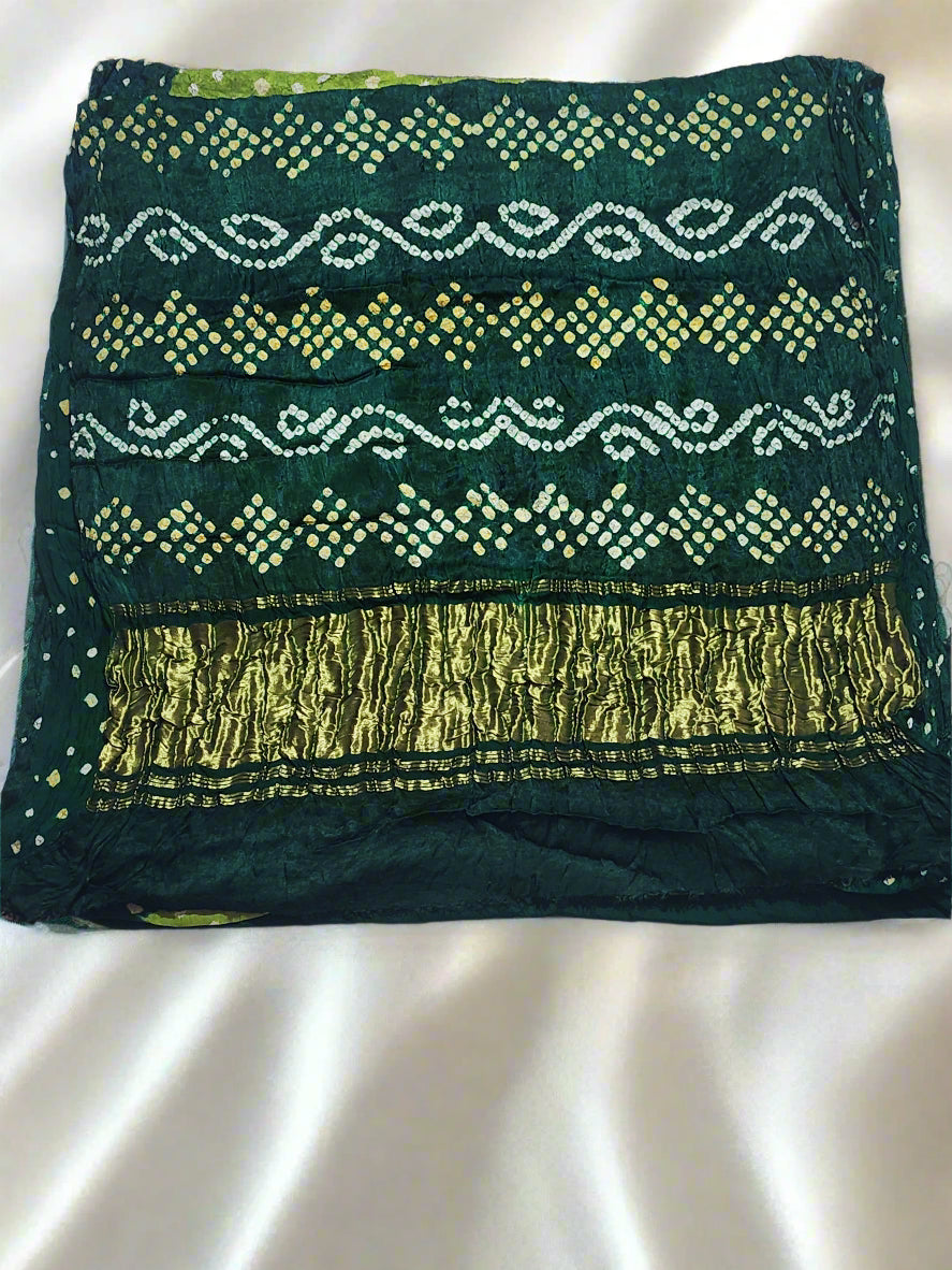 Emerald Green with Golden Zari Pallu  Bandhani Modal Silk Saree