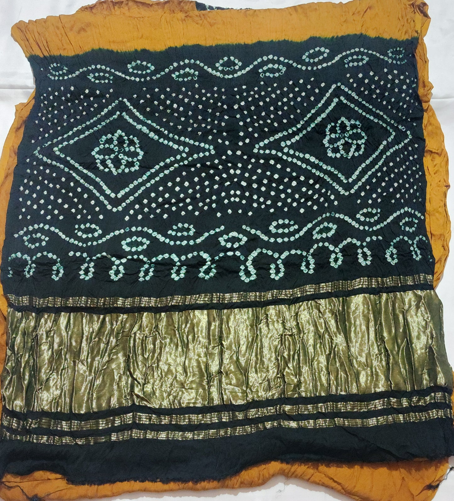 Black with Mustard Border and Golden Zari Pallu  Bandani Modal Silk Saree