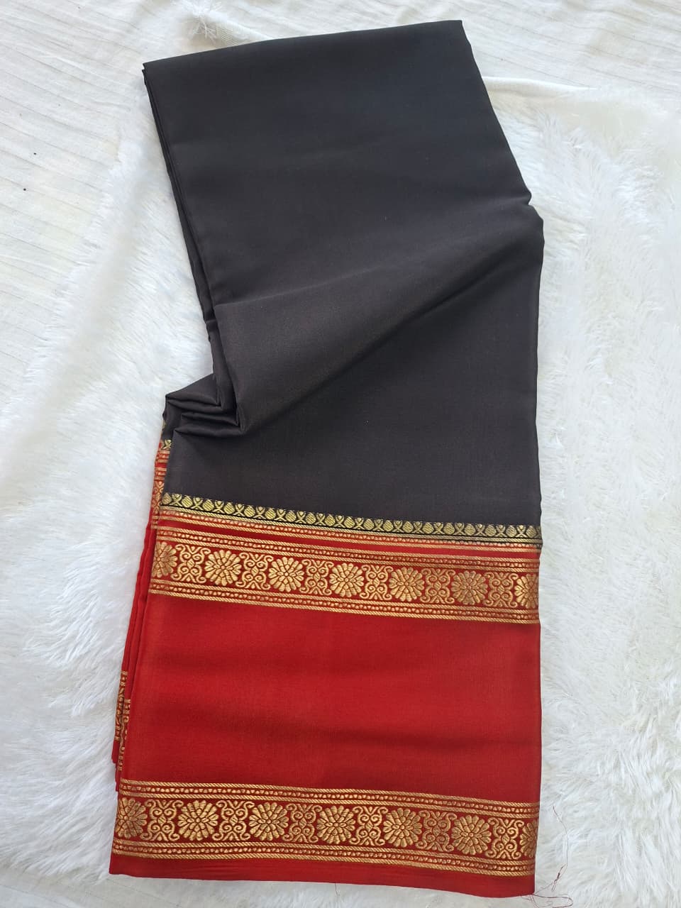 Black -Red Mysore Crepe Silk with red bentex flower border