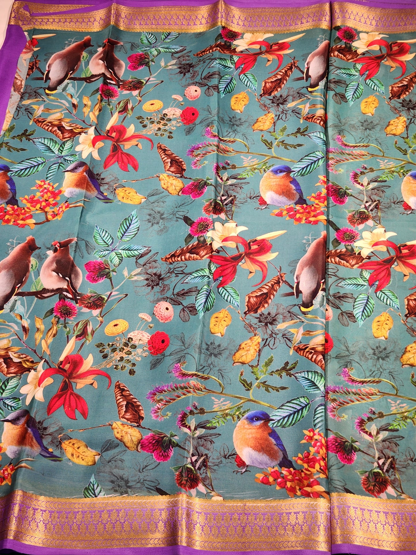 Teal Floral Print Mysore Silk Saree