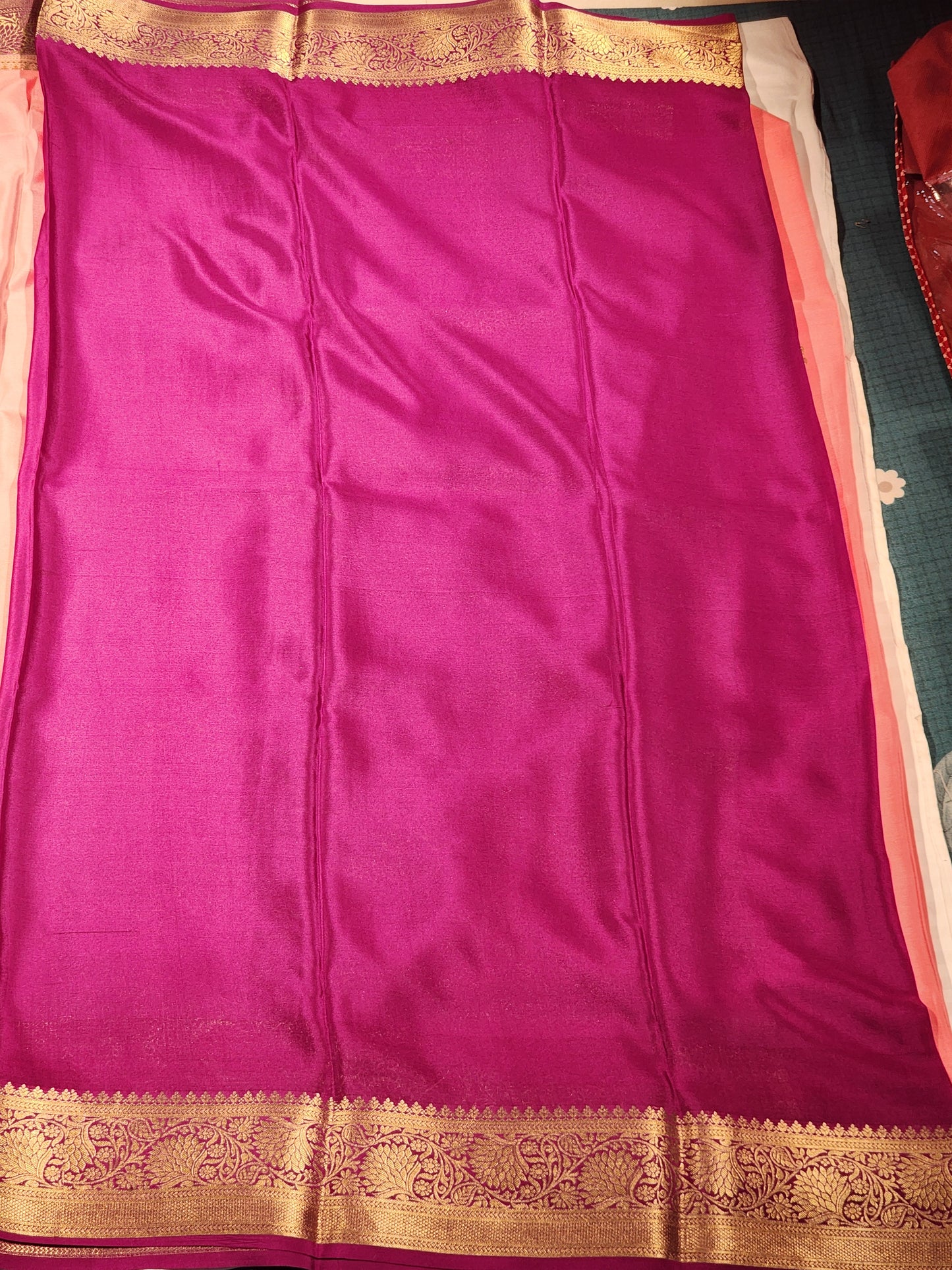 Peach Mysore Silk Saree with Gold Floral Motifs