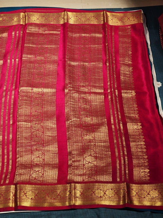 Pink & Teal Mysore Silk Saree with Gold Floral Motifs