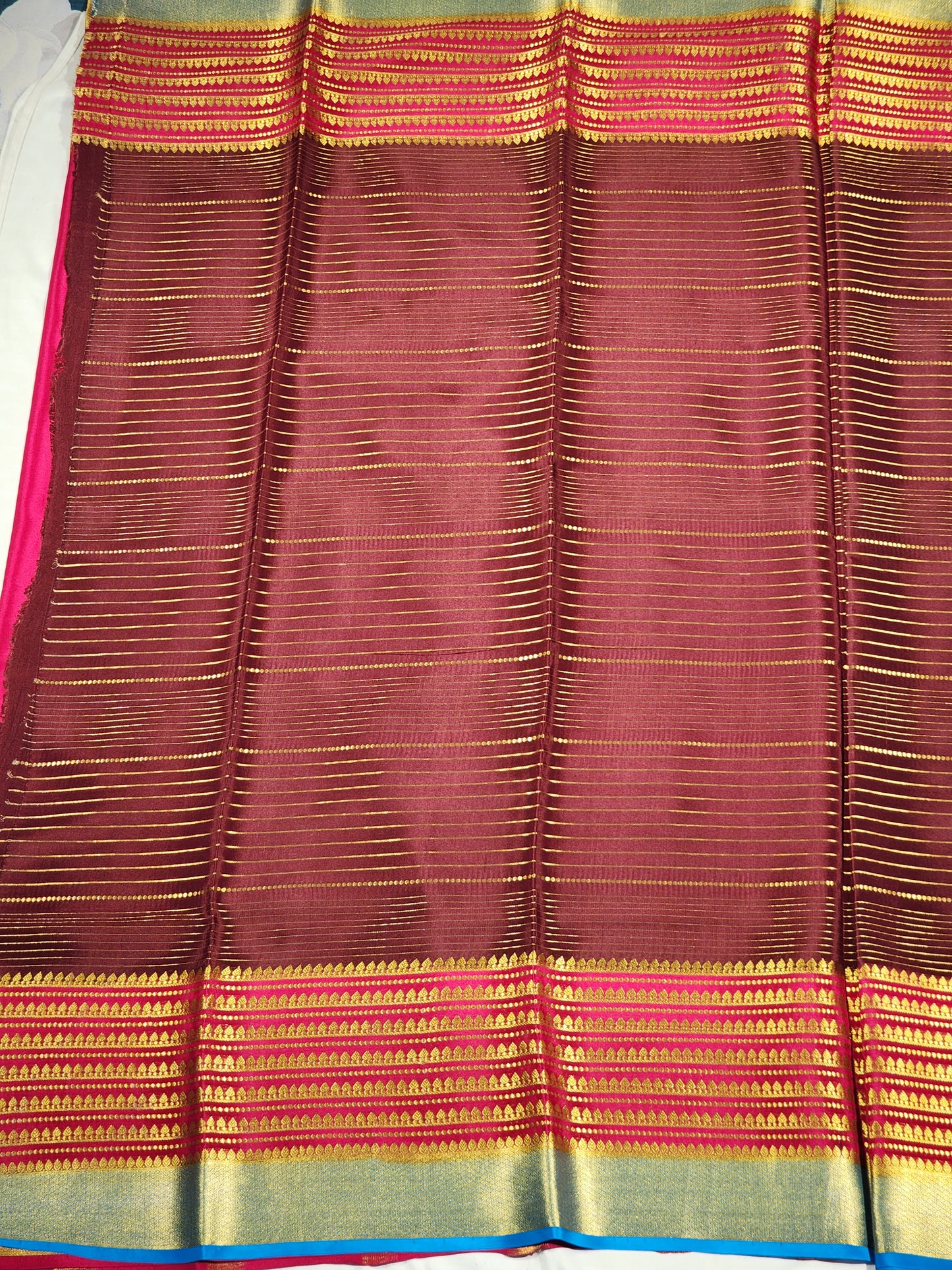 Brown Mysore Silk Saree with Golden Lines