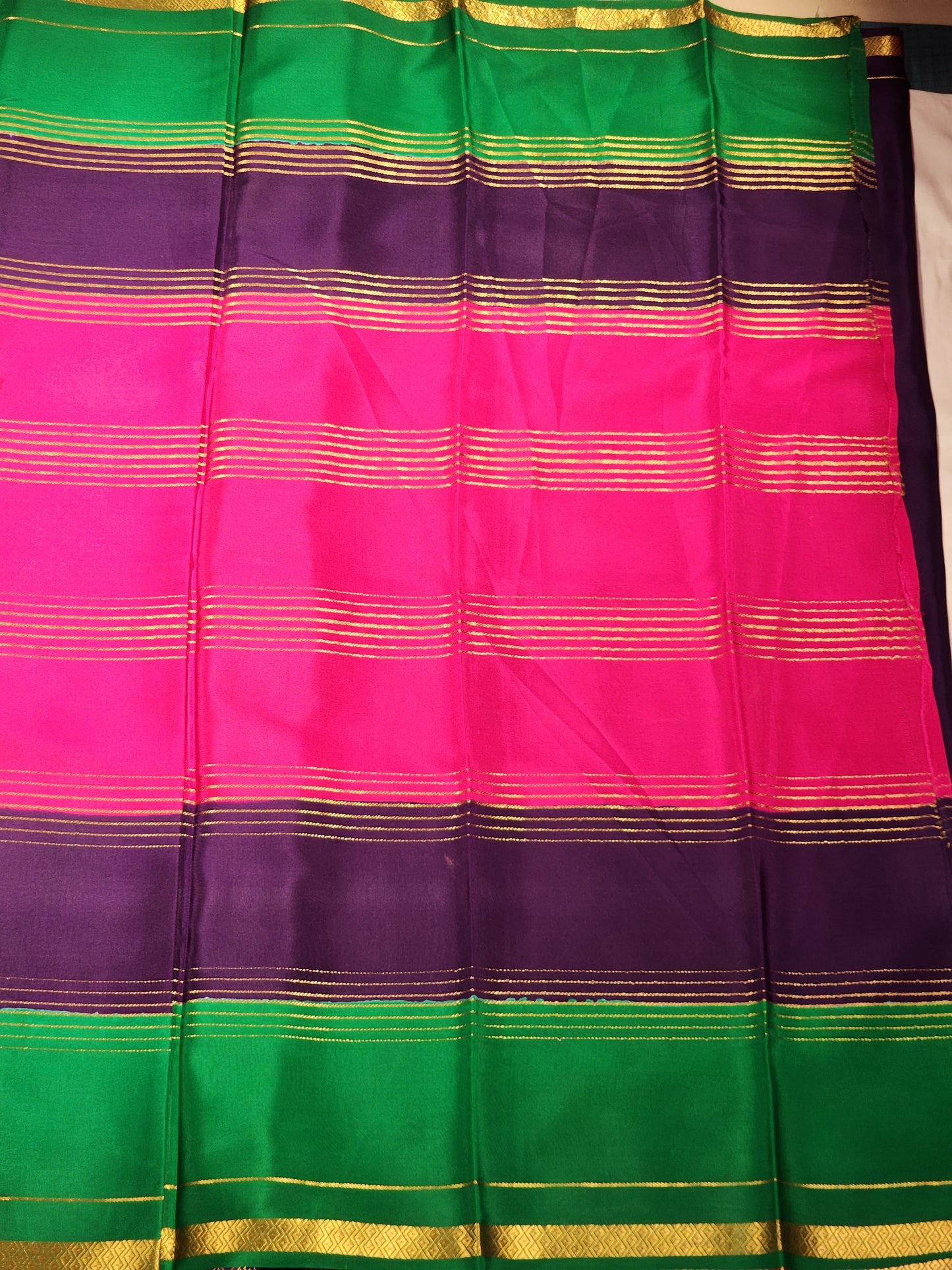 Pink, Purple & Green Mysore Silk Saree with Gold Zari Stripes