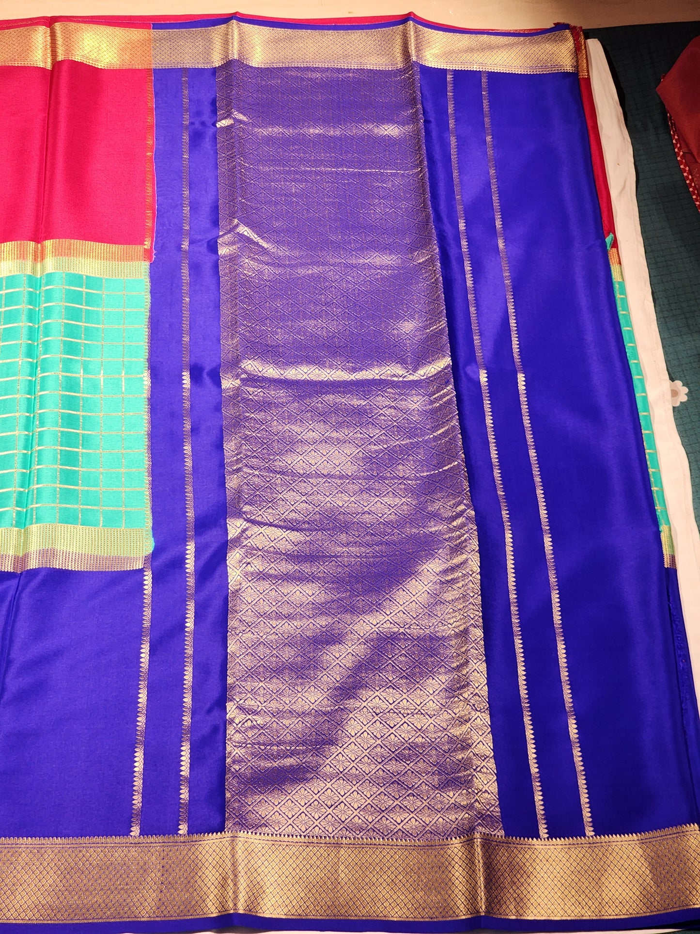 Peacock Blue & Bottle Green Mysore Silk Saree