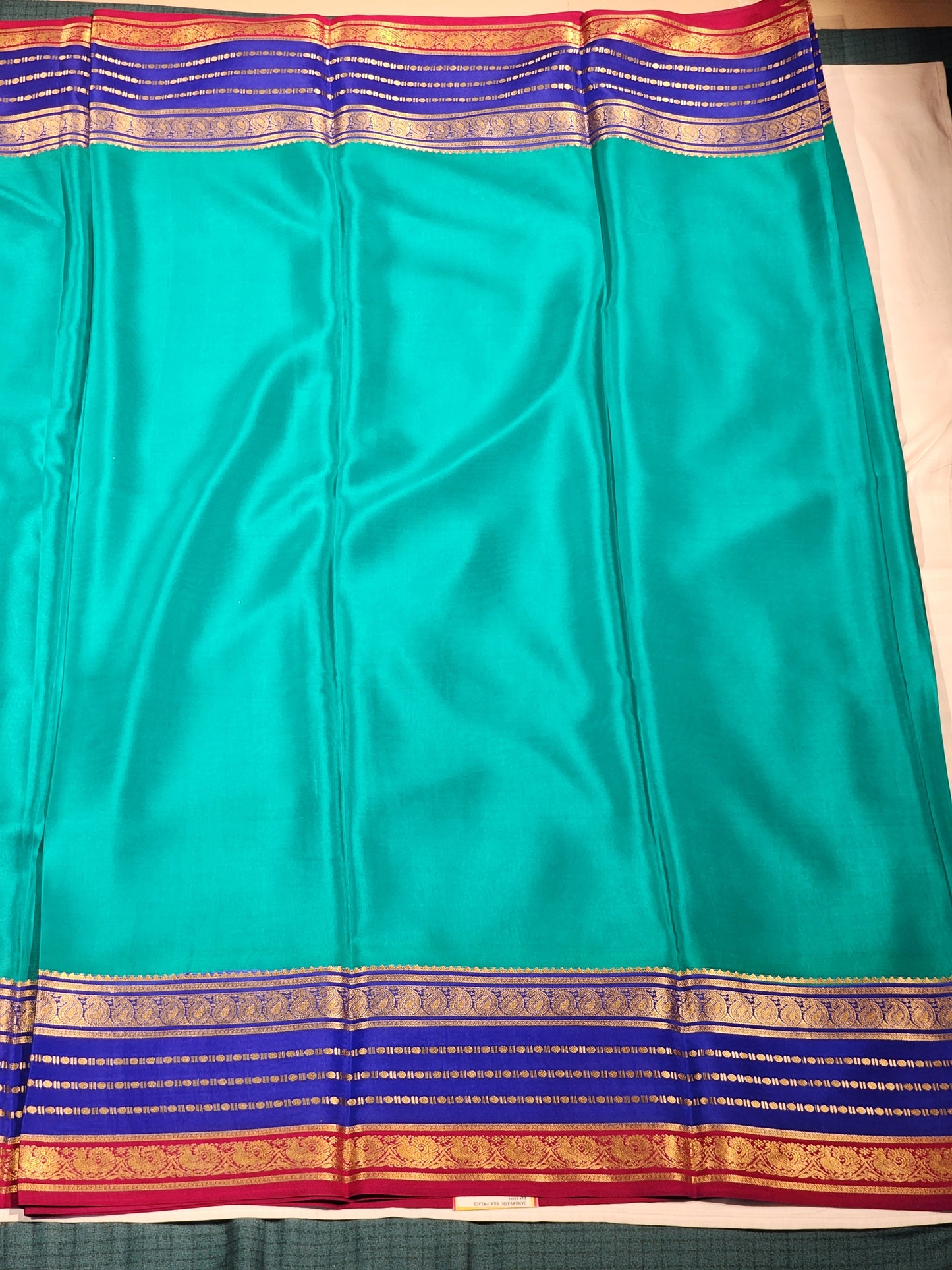 Teal Blue Mysore Silk Saree with Royal Blue & Maroon Zari Borders