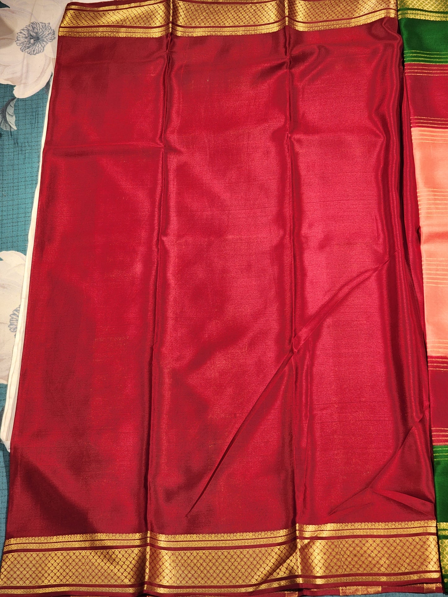 Mysore Silk Saree in Peach, Maroon & Emerald Green with Rich Zari Border