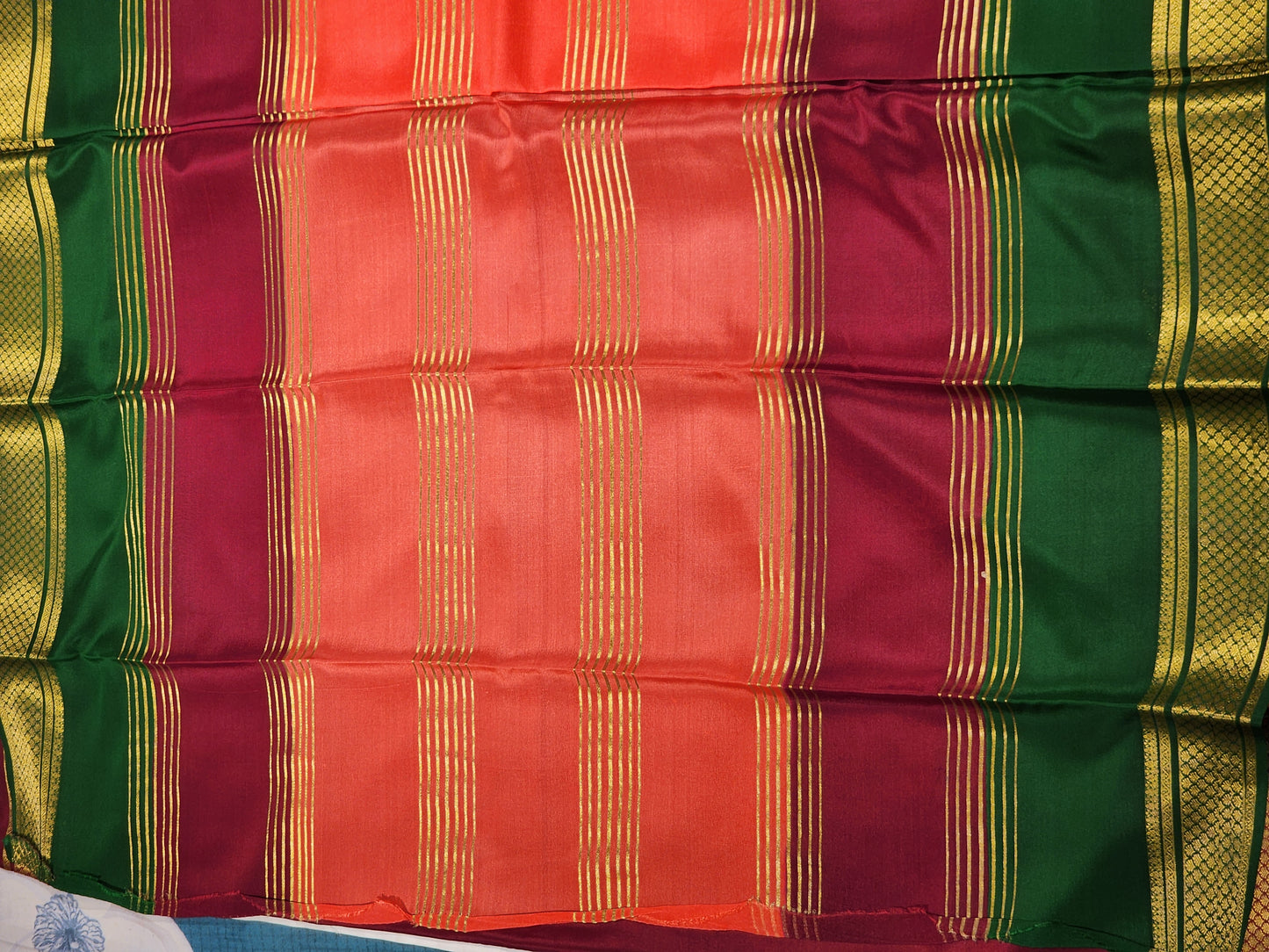 Mysore Silk Saree in Peach, Maroon & Emerald Green with Rich Zari Border