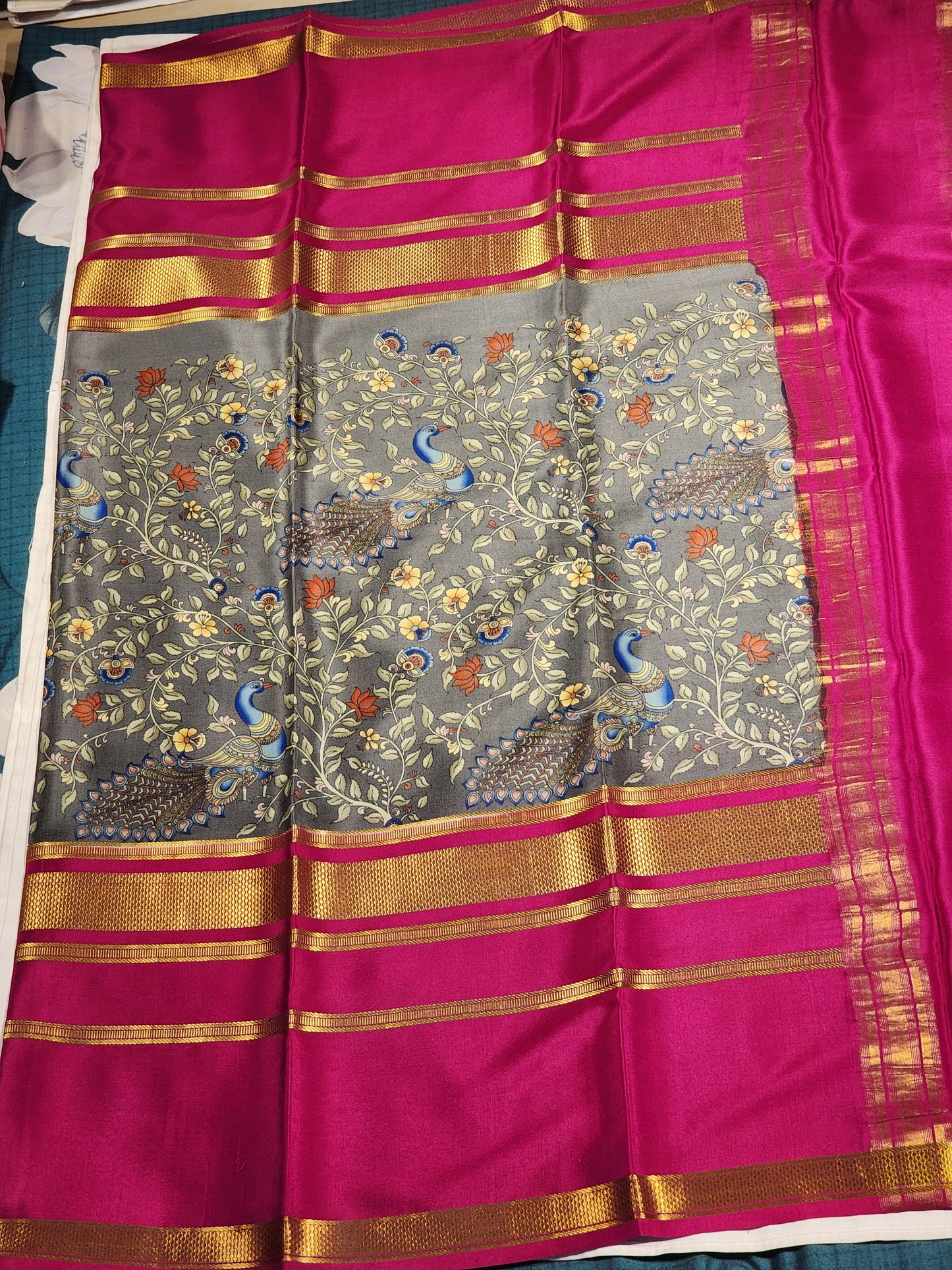 Majestic Peacock Print and Magenta Zari