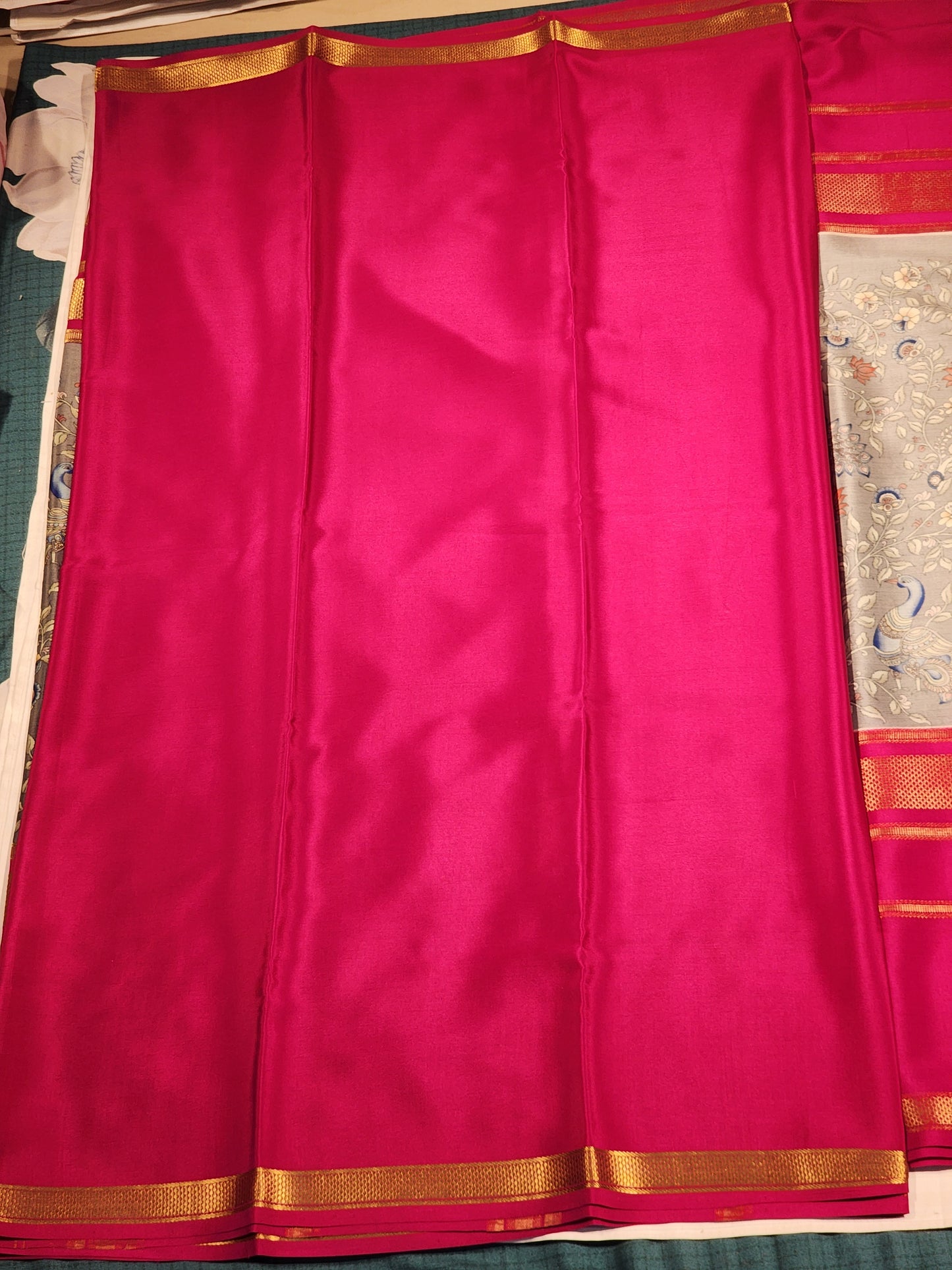 Majestic Peacock Print and Magenta Zari