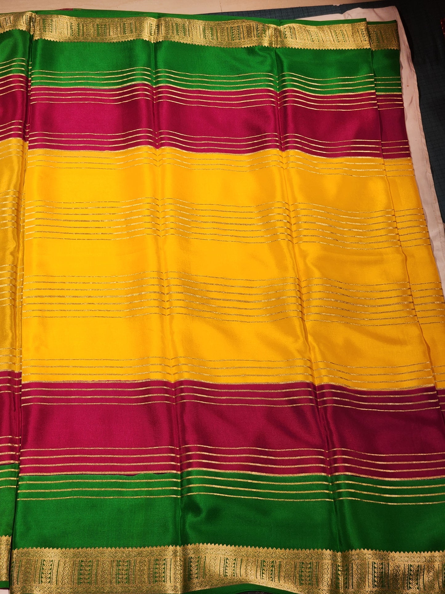 Vibrant Mysore Silk Saree in Yellow, Magenta & Green