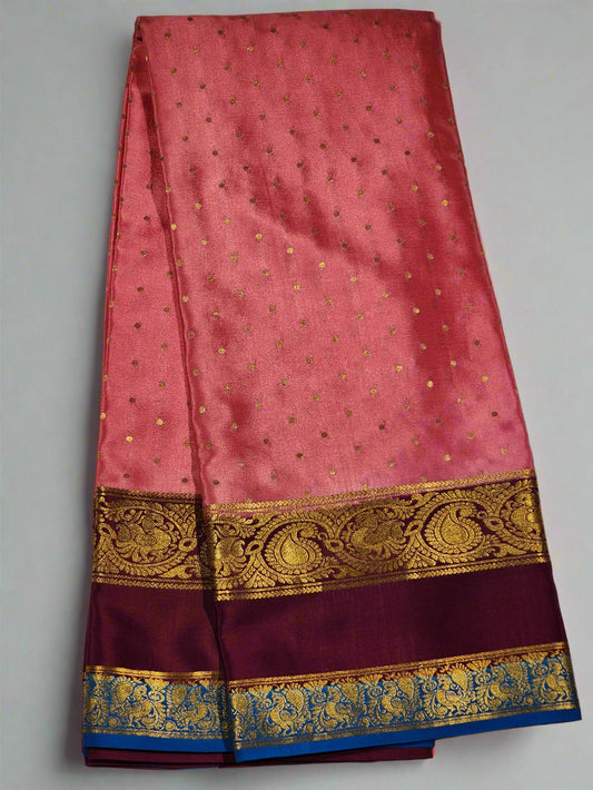Peach Mysore Silk Saree with Gold Dots
