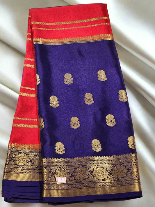 Royal Blue & Red Mysore Silk Saree with Gold Floral Motifs