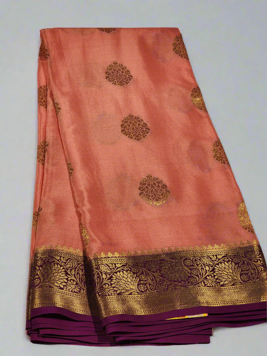 Peach Mysore Silk Saree with Gold Floral Motifs