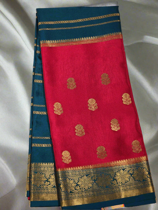 Pink & Teal Mysore Silk Saree with Gold Floral Motifs
