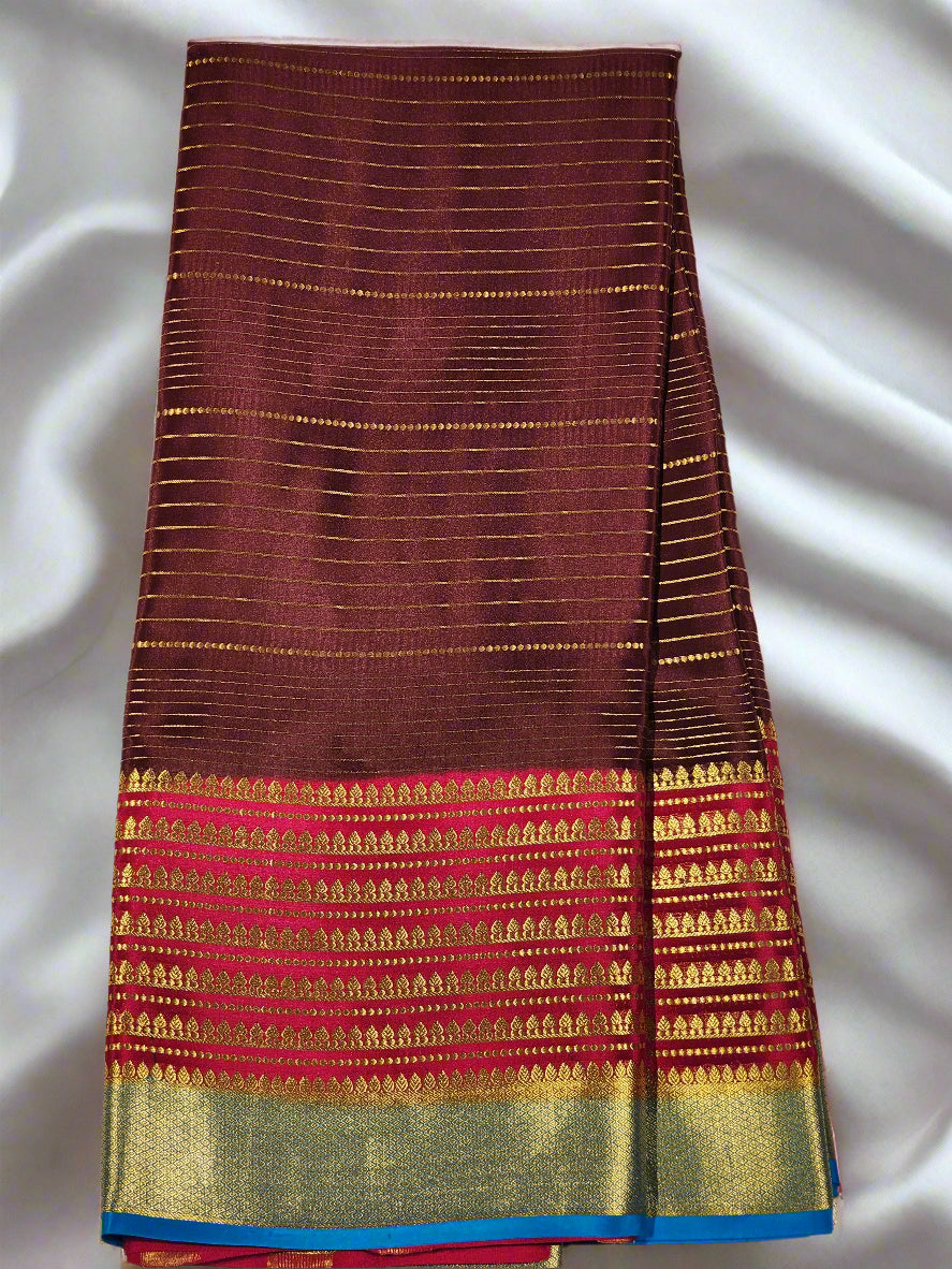 Brown Mysore Silk Saree with Golden Lines