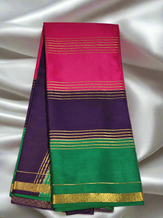 Pink, Purple & Green Mysore Silk Saree with Gold Zari Stripes