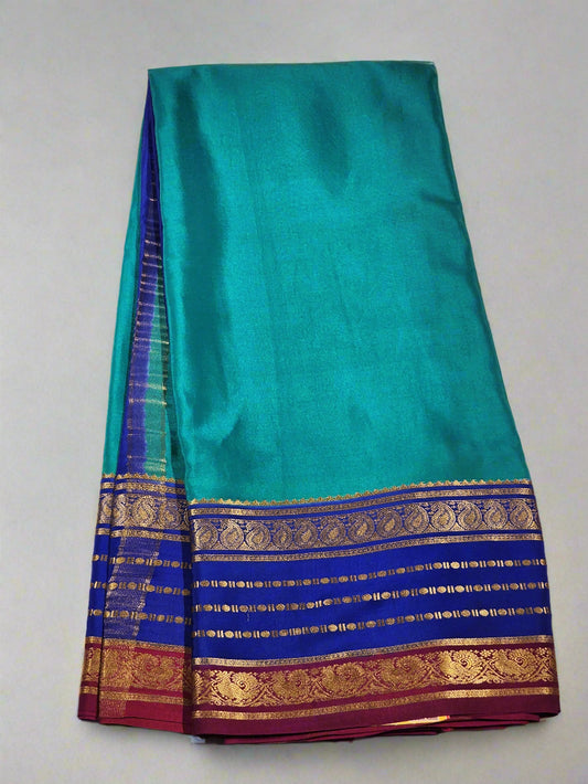 Teal Blue Mysore Silk Saree with Royal Blue & Maroon Zari Borders