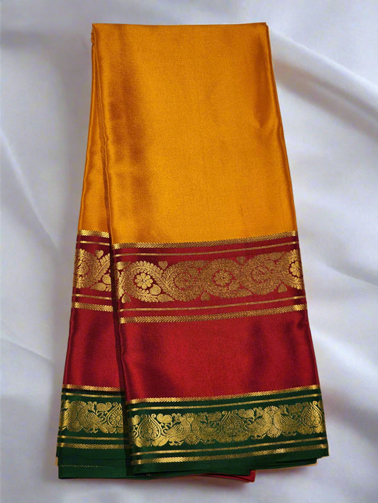 Mysore Silk Saree in Marigold Orange, Rich Red & Emerald Green with Floral Zari Border