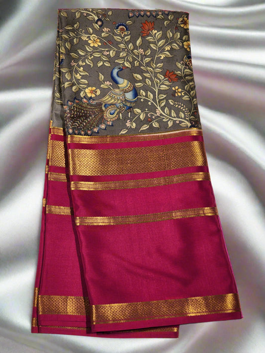 Majestic Peacock Print and Magenta Zari