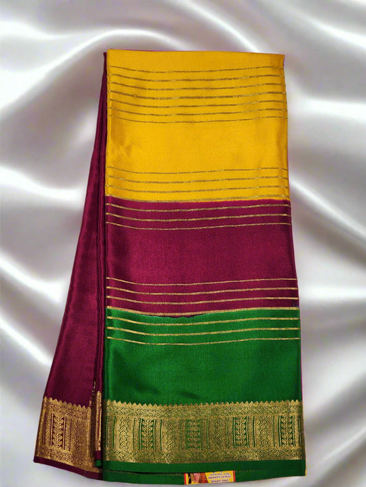 Vibrant Mysore Silk Saree in Yellow, Magenta & Green