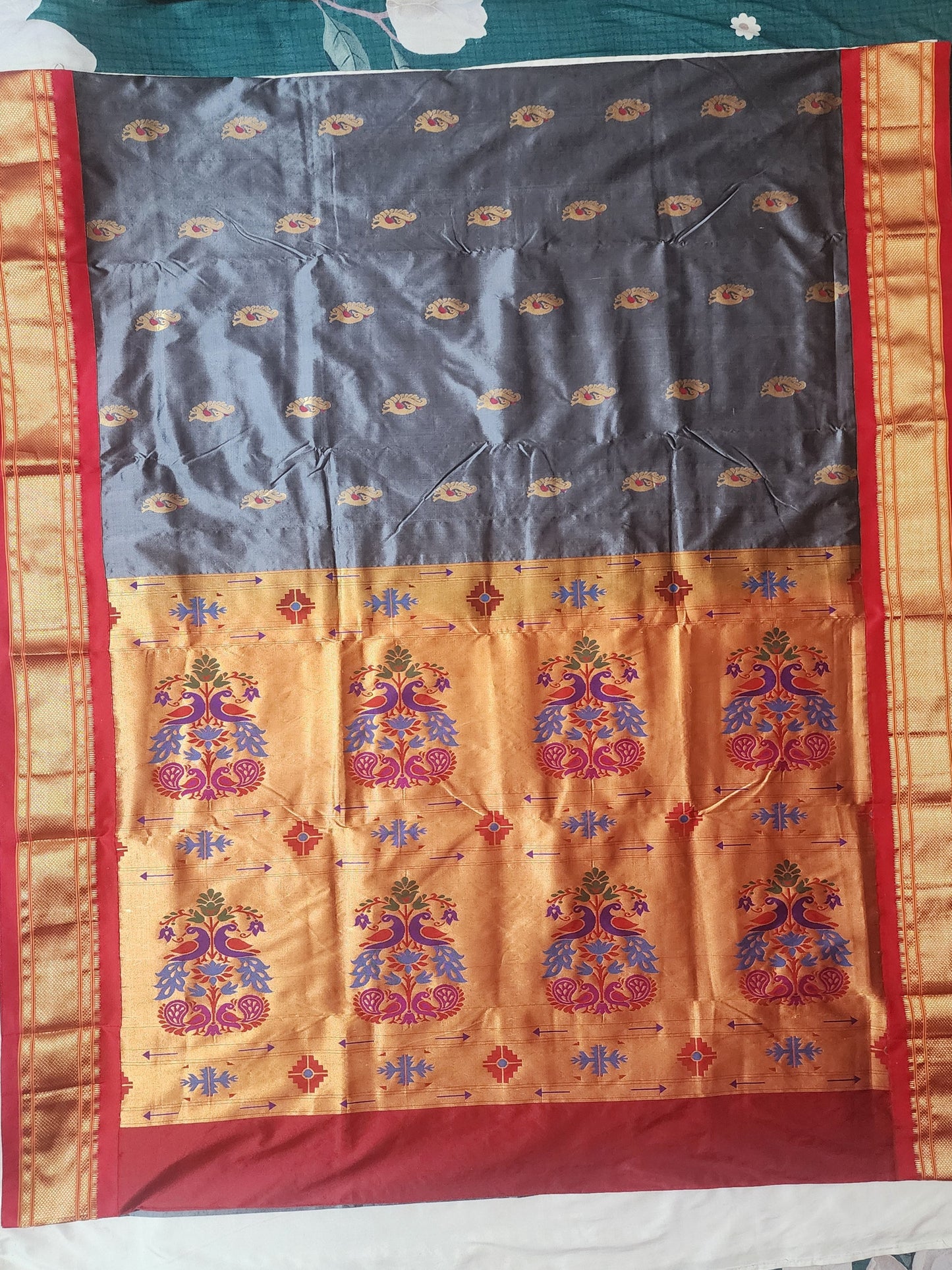 Grey Red Paithani silk
