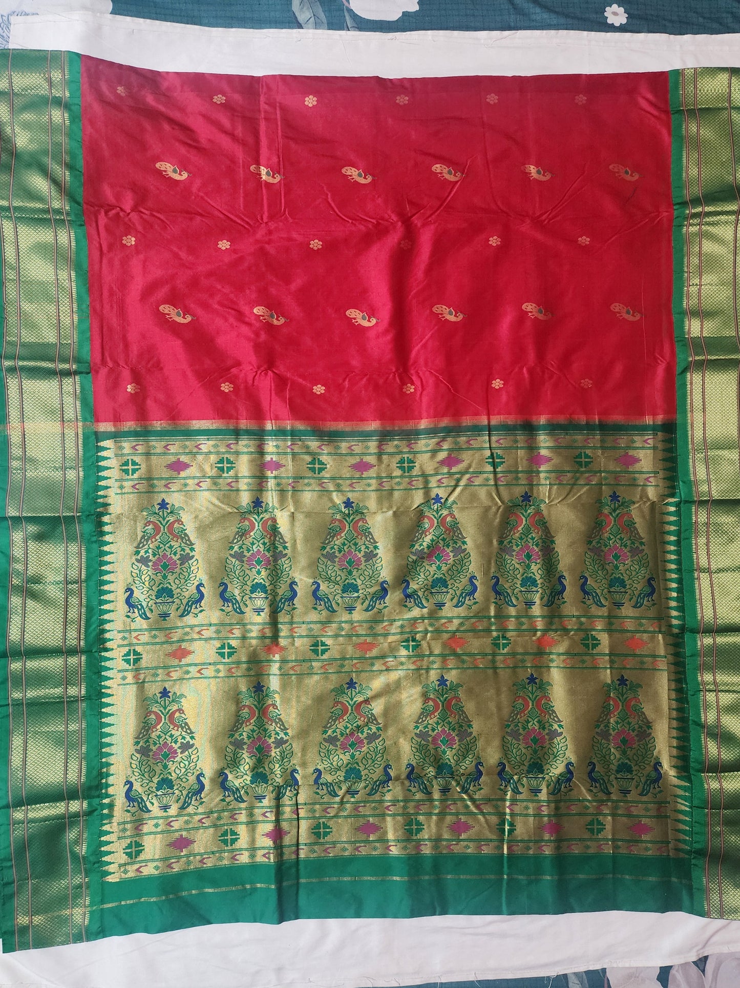 Paithani Red Green Peacock