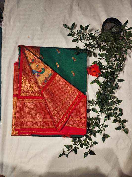 Paithani green red peacock print