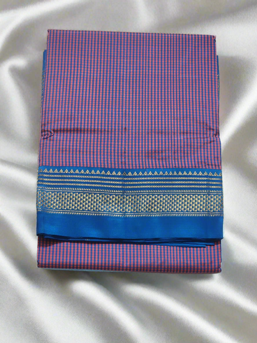 Pink and Blue Checked Ilkal Saree