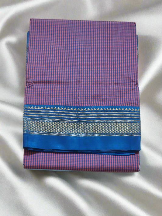 Pink and Blue Checked Ilkal Saree