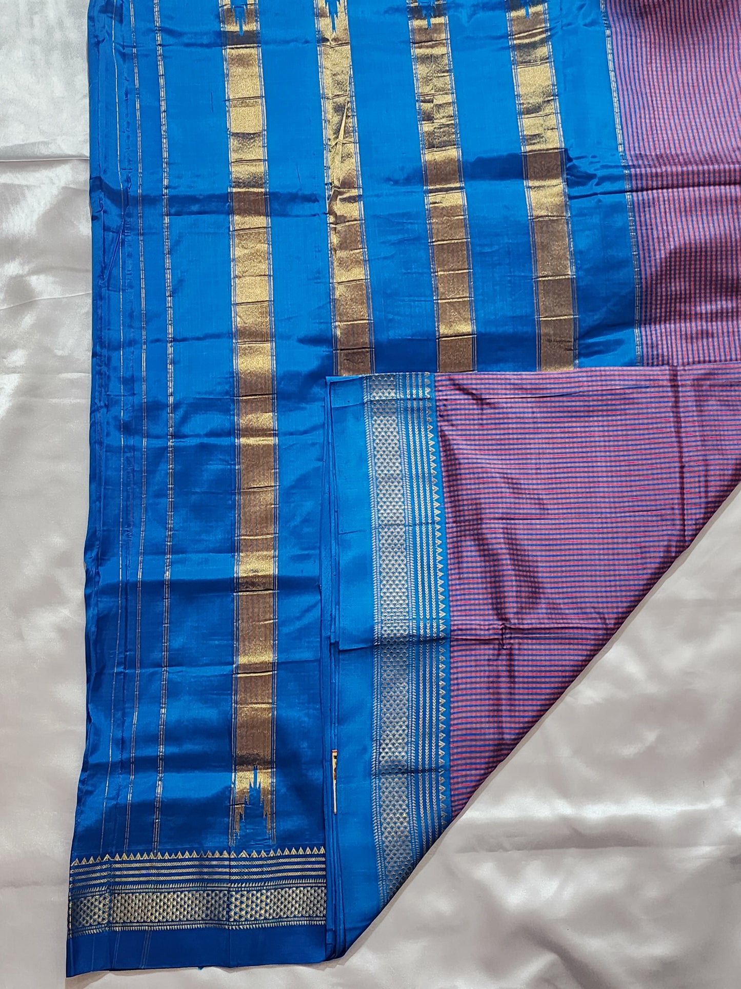 Pink and Blue Checked Ilkal Saree