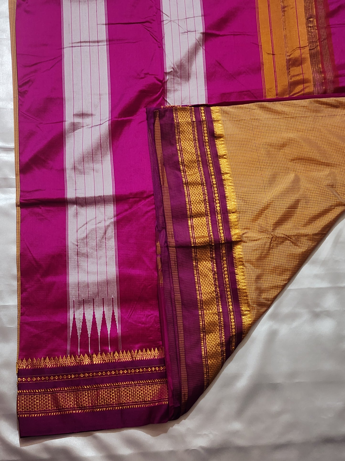 Peach Checked Ilkal Saree with Rich Pink Border