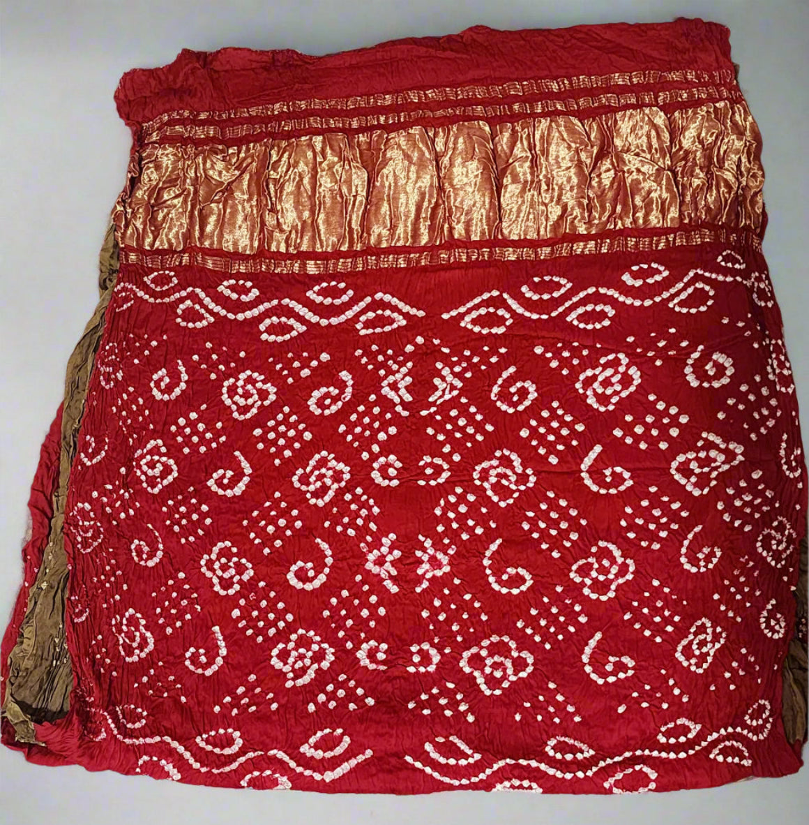 Red Bandhani Modal Silk Saree with Golden Panels
