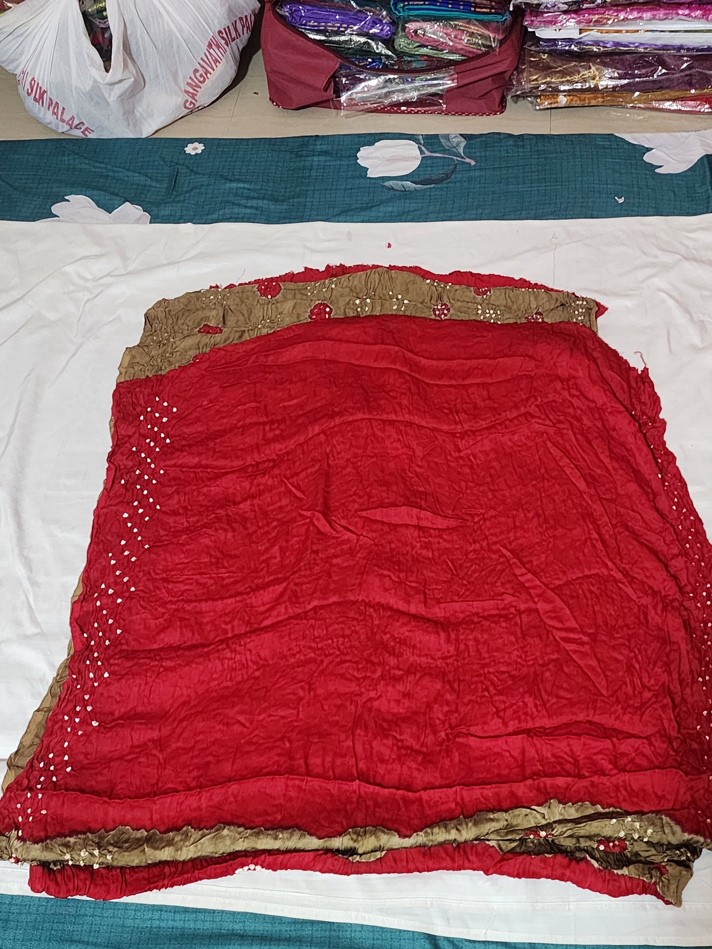 Red Bandhani Modal Silk Saree with Golden Panels