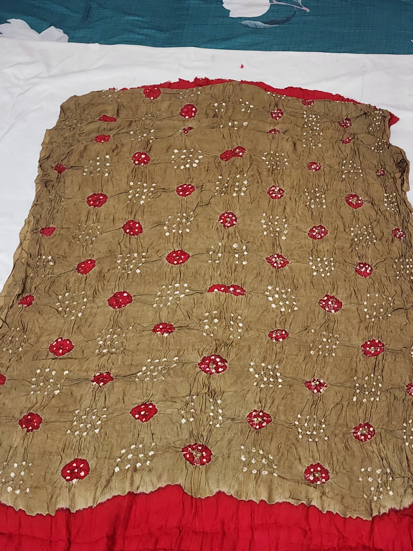 Red Bandhani Modal Silk Saree with Golden Panels