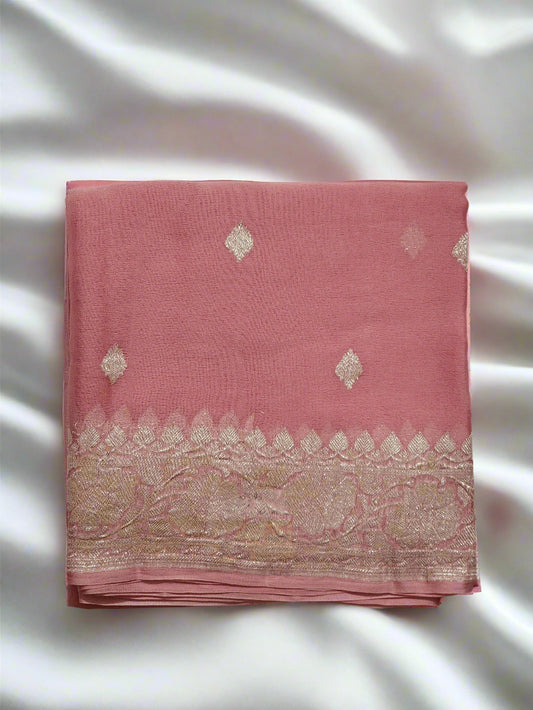 Blush Pink with Silver Zari Border Khadi Chiffon Banarasi Saree