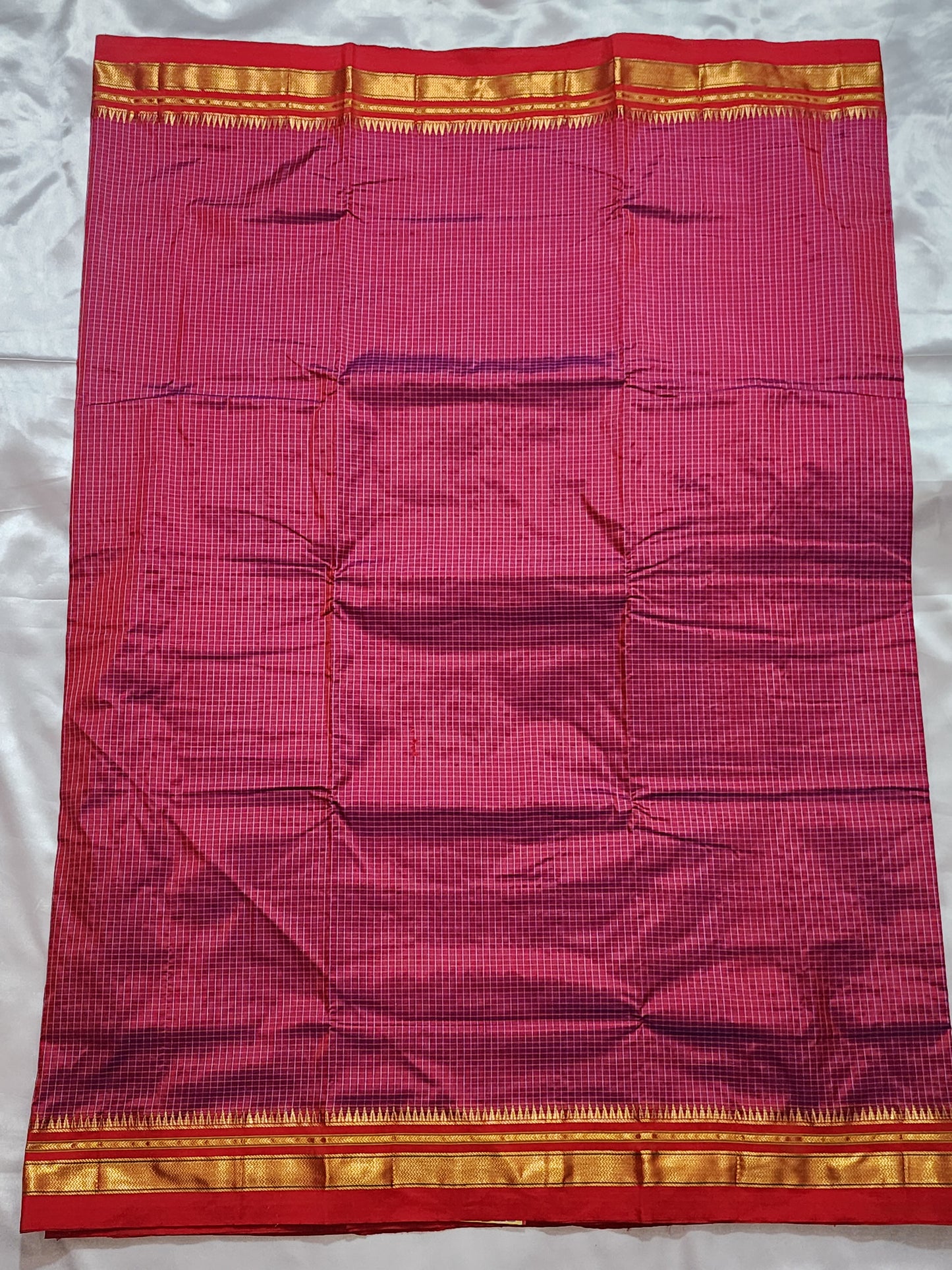 Pink Checks Ilkal Saree with Green-Gold Border