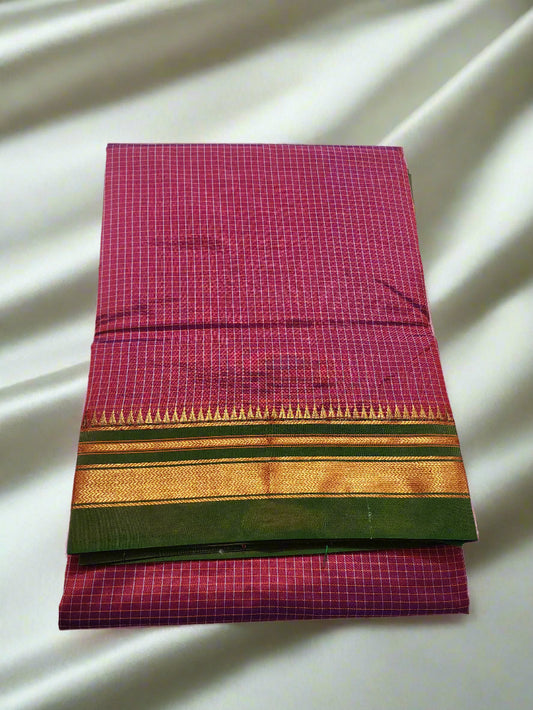 Pink Checks Ilkal Saree with Green-Gold Border