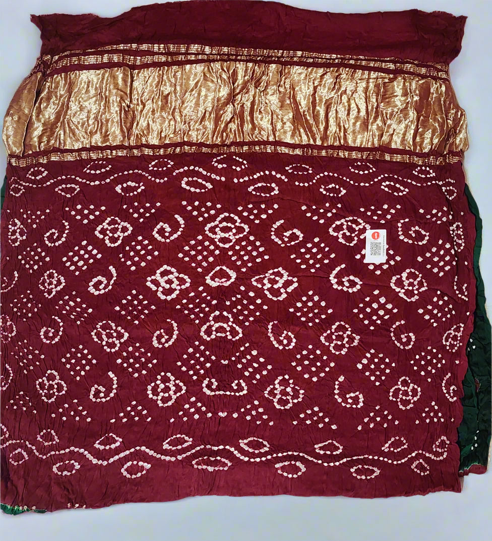 Maroon Bandhani Modal Silk Saree with Golden Panels