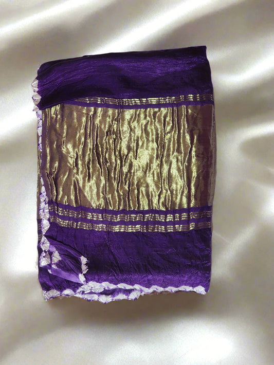 Dark Purple Bandhani Modal Silk Saree with Golden Panels