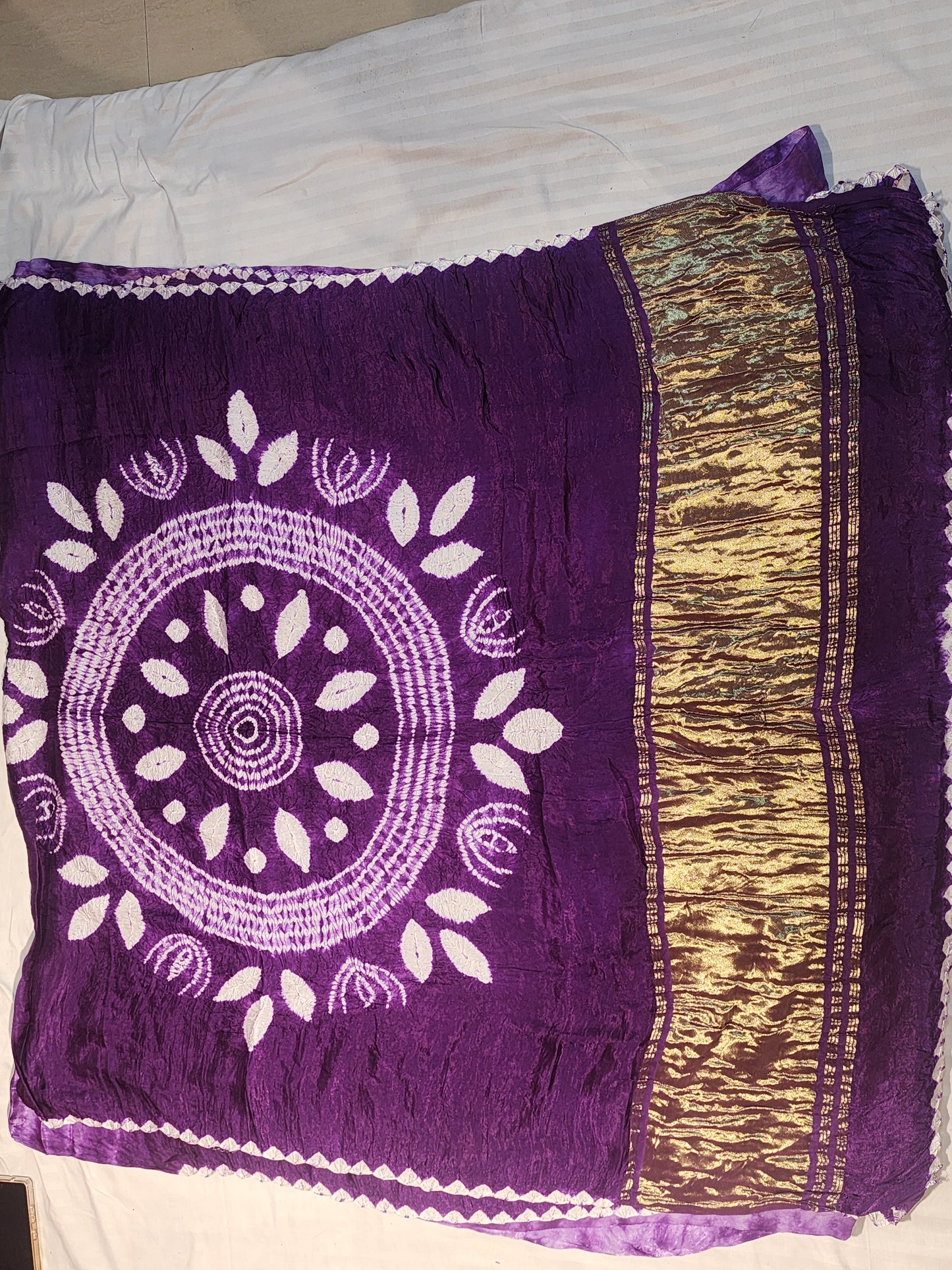Dark Purple Bandhani Modal Silk Saree with Golden Panels
