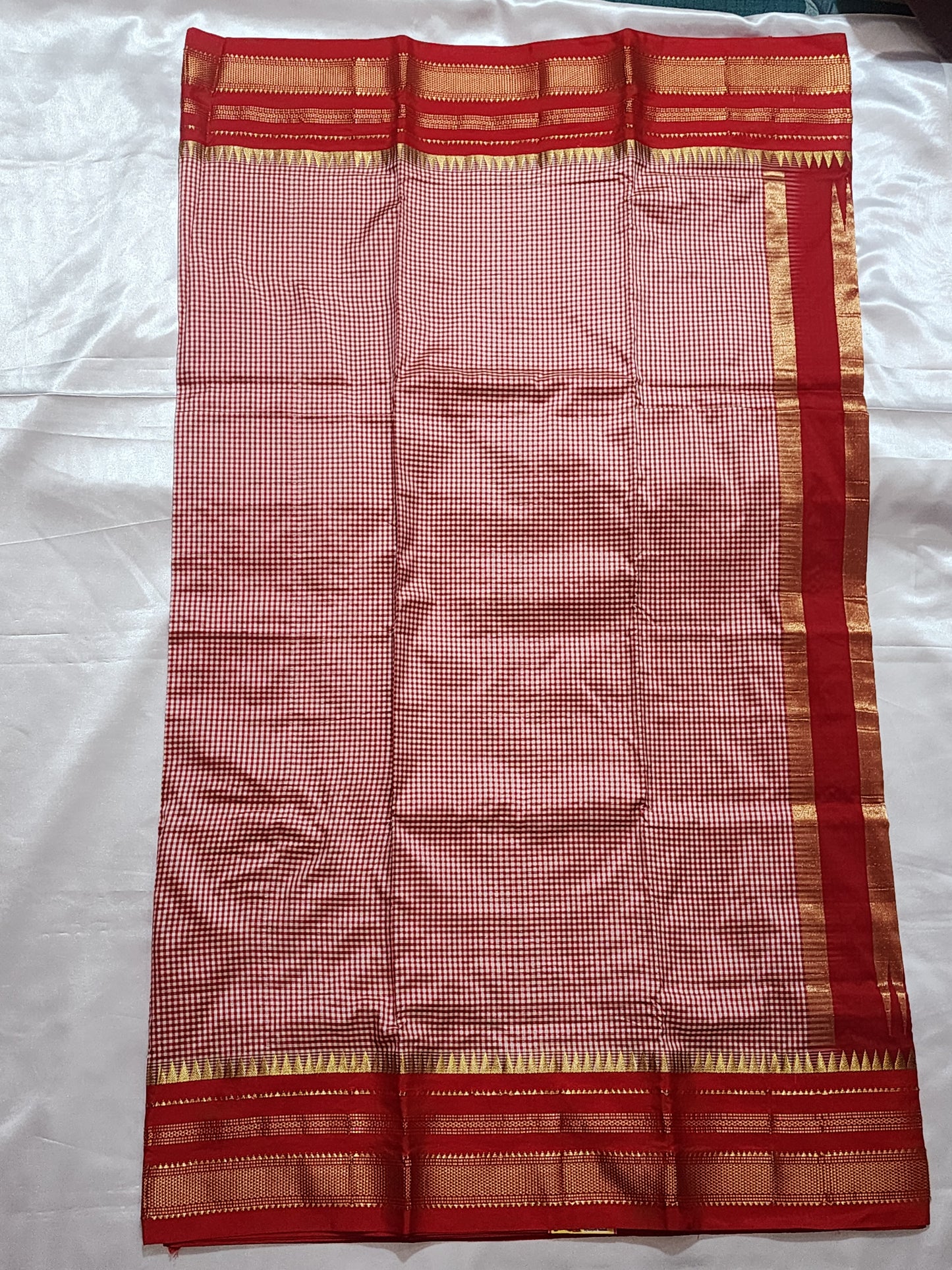 Red and White Checks Ilkal Silk Saree