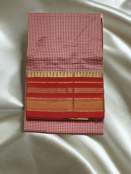 Red and White Checks Ilkal Silk Saree