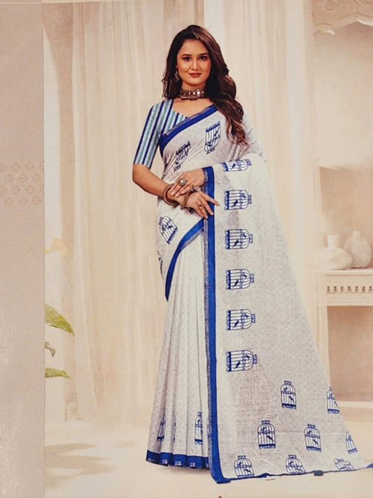 white & Blue cotton printed saree