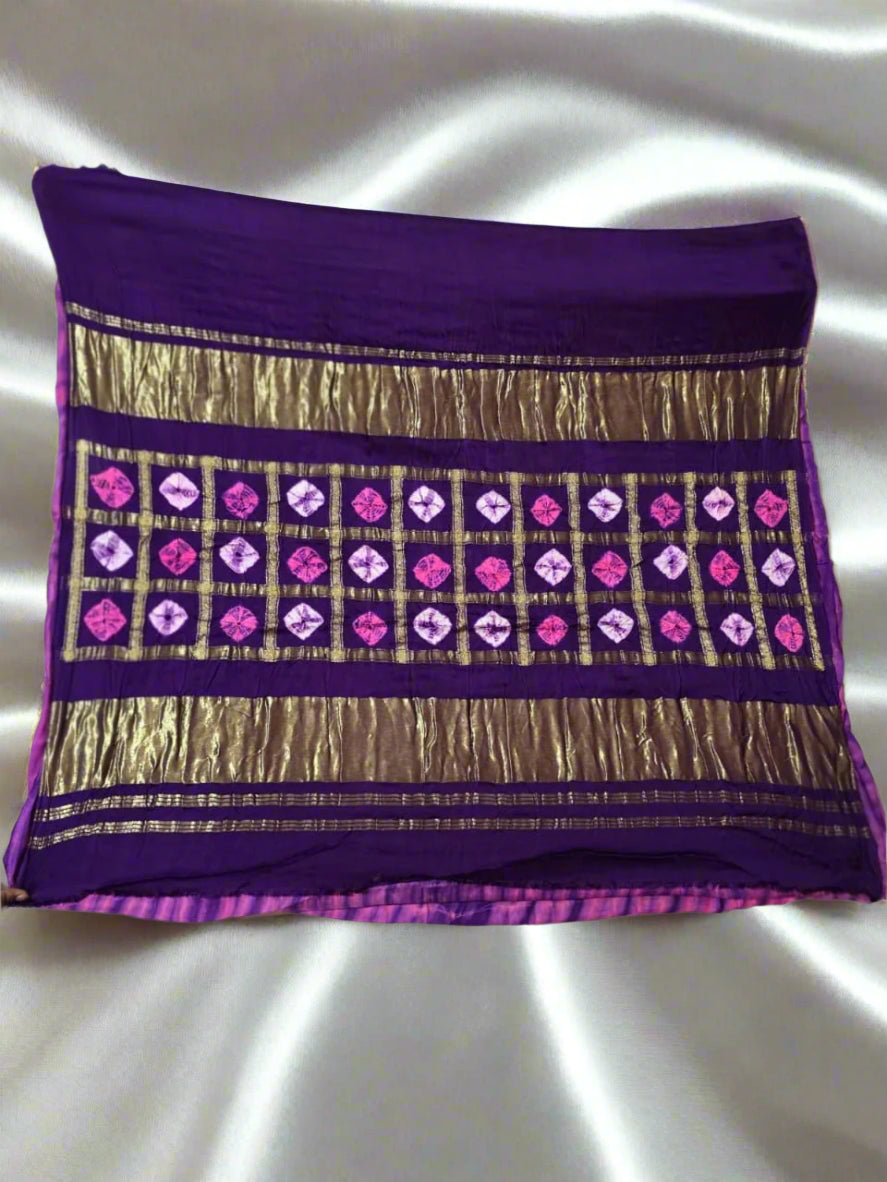 Purple Bandhani Modal Silk Saree with Golden Checks