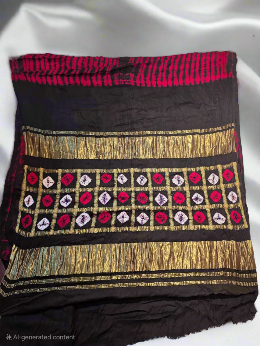 Black Bandhani Modal Silk Saree with Golden Checks